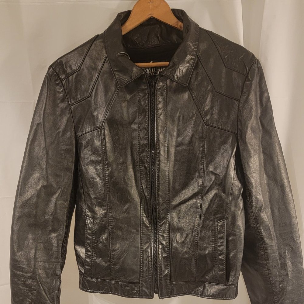 Vintage Womans Black Leather Jacket, Samber Leather New York, Size 42, 1980s
